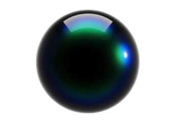 A massive, perfectly spherical orb with a polished black obsidian surface, shimmering emerald green and sapphire blue, suspended on a transparent background, concept of immense alien energy