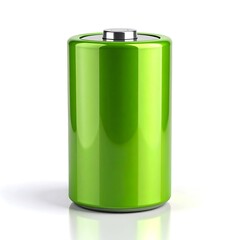 A bright, glossy, cylindrical, green battery is depicted against a pure white background.