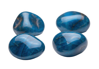 Unique, highly polished, iridescent blue river stones with natural tonal shifts, casually scattered on a transparent background, soft studio light, serene geological beauty concept