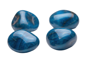 Unique, highly polished, iridescent blue river stones with natural tonal shifts, casually scattered on a transparent background, soft studio light, serene geological beauty concept