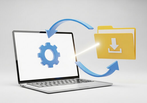 Digital data transfer process illustration showing a laptop connected to a file folder with a blue circular arrow.