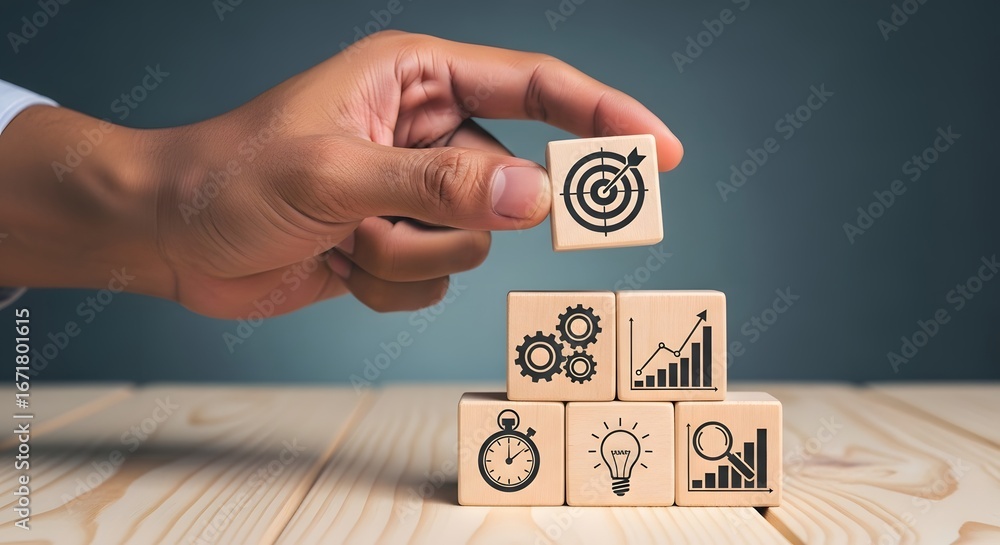 Poster hand placing target block on stack of wooden blocks with business icons on wooden surface