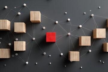 Red cube among interconnected wooden cubes