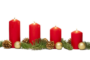 four red candles with christmas decoration isolated on transparent background PNG file