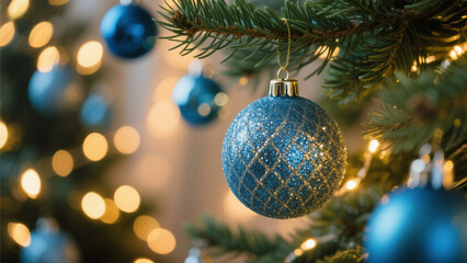 A close-up of a shimmering blue Christmas ornament with delicate glitter, hanging from lush green pine branches. Christmas, Christmas Tree, Merry Christmas, Christmas Background, Christmas Lights