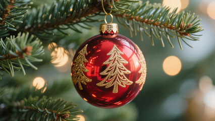 A close-up of a vibrant red Christmas ornament adorned with intricate pine tree designs, hanging from lush green pine branches. Christmas, Christmas Tree, Merry Christmas, Christmas Background