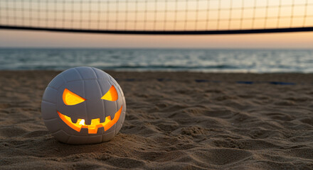 Halloween volleyball jack-o’-lantern on beach sand, holiday sports fun