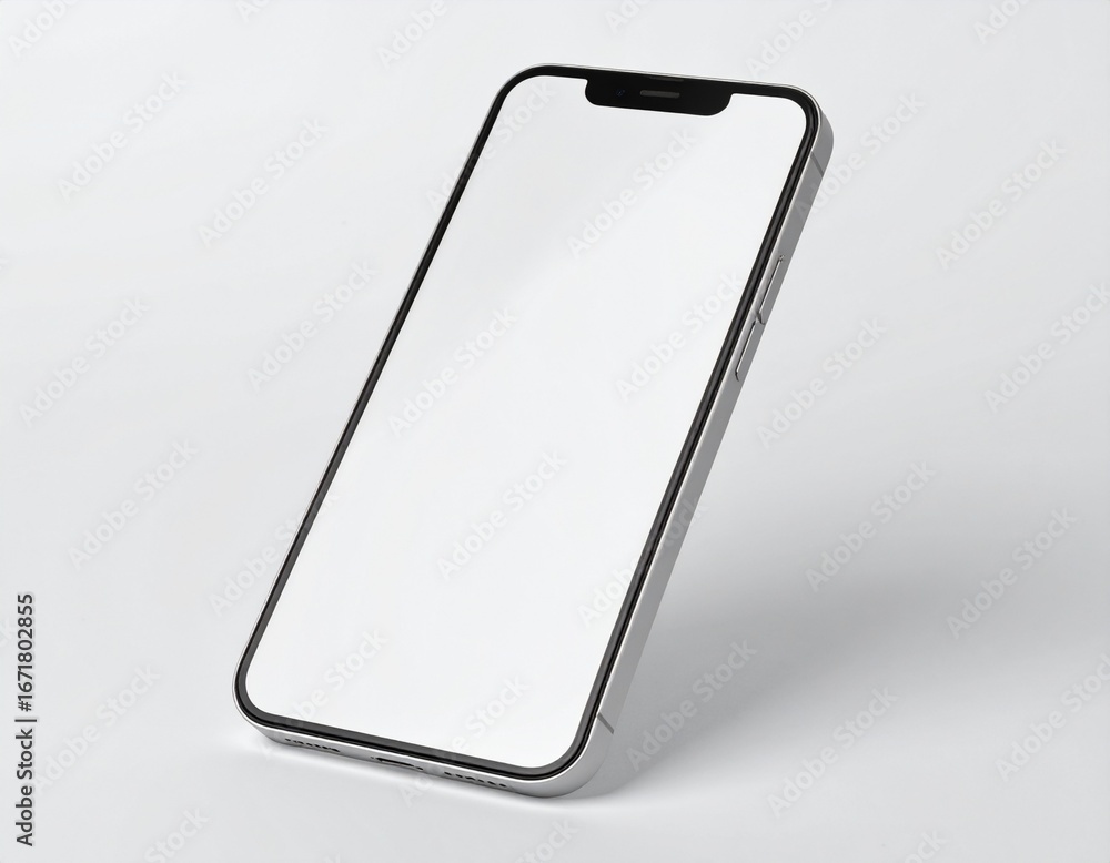 Poster angled view of a modern smartphone with a blank screen isolated on a white background for mockups