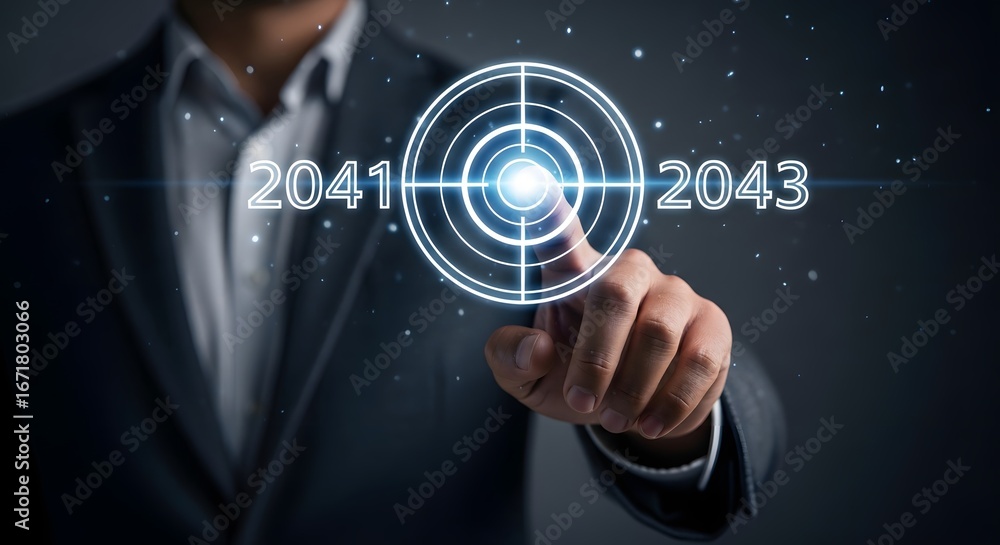 Poster man in suit pointing at target with years on either side of it in a futuristic interface