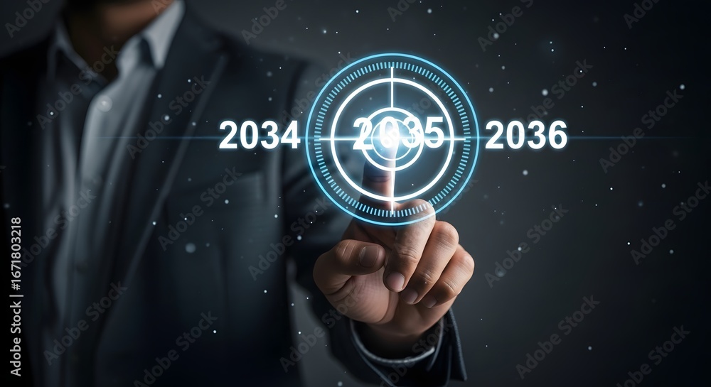 Aufkleber man in suit touching holographic target with years labeled around it on a dark background