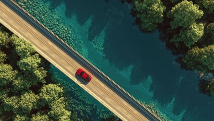 and keyword list

 Red car crossing bridge above river, aerial view of vibrant natural landscape.
