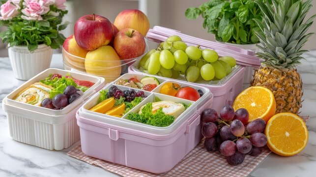 Vibrant variety of fresh fruits in colorful containers perfect for a healthy lunchbox experience