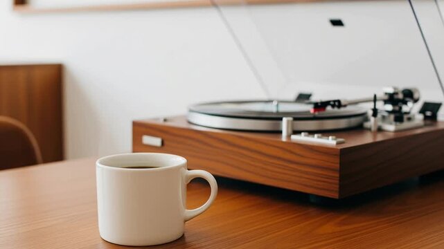 Steaming Coffee Mug with Retro Turntable in a Cozy Home