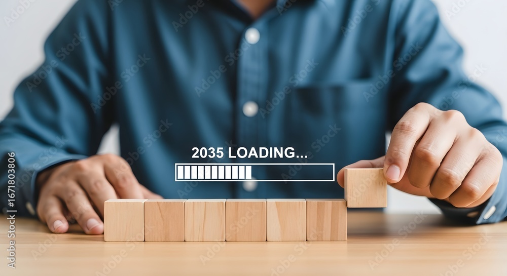 Leinwandbilder man stacking wooden blocks with a loading bar for the year 2035 displayed in the foreground