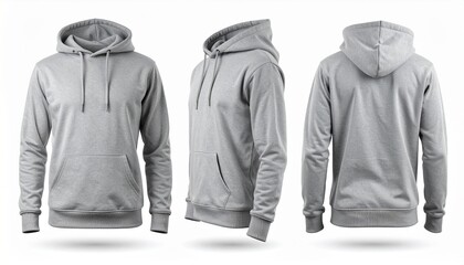 Blank grey hoodie sweatshirt mockup set with front, back, and side views isolated on white