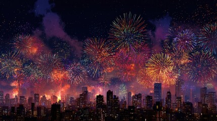 Spectacular Diwali fireworks exploding over an Indian city skyline at night, photorealistic, festive glow, celebratory atmosphere
