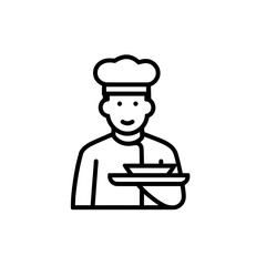 Chef in uniform holding a tray with food in a simple line art style illustration for culinary themes