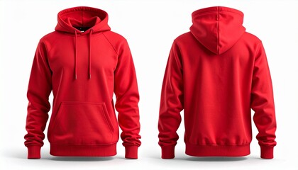 Plain red hooded sweatshirt template with front and back views. Isolated casual clothing mockup for custom design or branding presentation