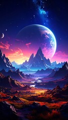 Colorful fantasy landscape with a planet