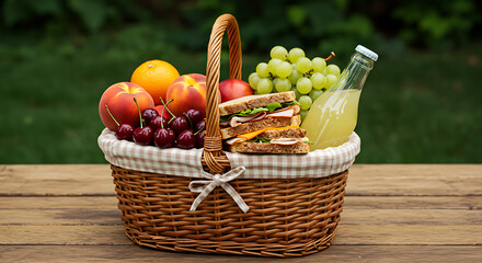 Wicker Basket Filled with Fresh Fruits, Hearty Sandwiches, and Refreshing Lemonade, Perfect for Outdoor Gatherings and Healthy Eating. Ideal for Lifestyle, Food, and Nature Themes.