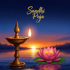 Serene Sandhi Puja scene with a traditional brass lamp and lotus flower on water at sunset.

