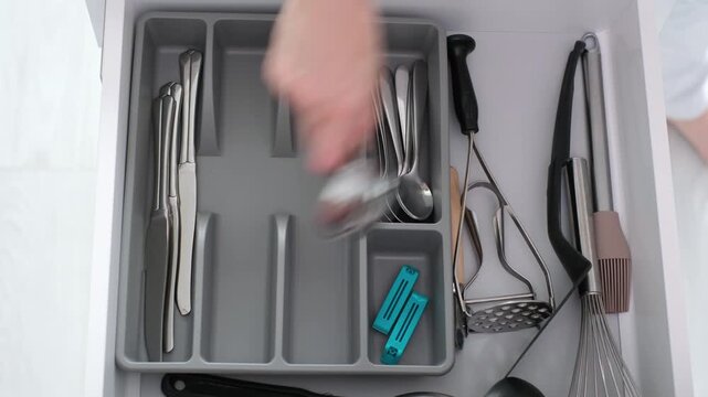 Hands reaching into a kitchen drawer filled with cutlery and utensils, showcasing the organized arrangement of kitchen tools and the of selecting essential cooking instruments for meal preparation