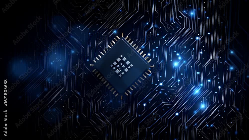 Poster high tech microchip circuit board technology in dark blue innovation through intricate patterns and 