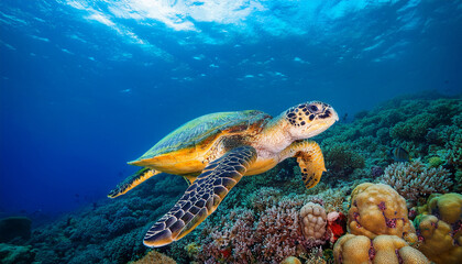 Obraz premium majestic sea turtle gracefully swimming through vibrant coral reef in clear blue ocean water under sunlit surface