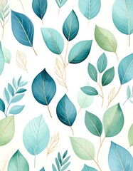 Obraz premium A delicate and vibrant repeating pattern of various leaves in teal, mint green, and pale gold hues, set against a crisp white background.