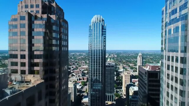 Majestic skyscrapers soaring under a clear blue sky, depicting architectural achievement and urban landscape, perfect for themes of progress and success