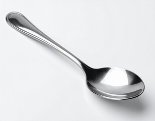 A shiny silver metal spoon, a single kitchen utensil, isolated on a white background