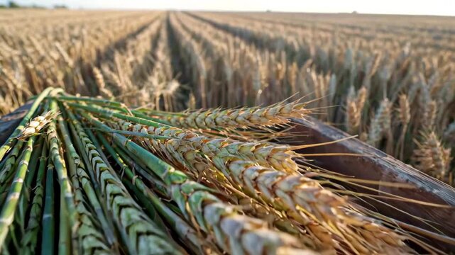 Ripe ears of wheat in wooden boxes in the wheat field A good harvest in the golden wheat field is in sight