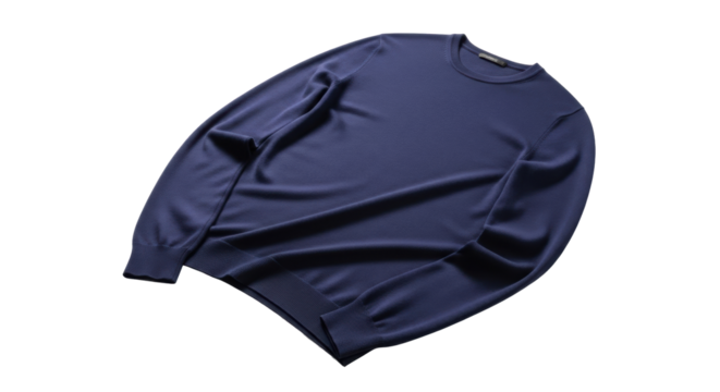 Deep indigo blue fine-gauge performance fabric sweater, subtly sleek, casually draped with soft folds, on transparent background with copy space, urban minimalist apparel concept