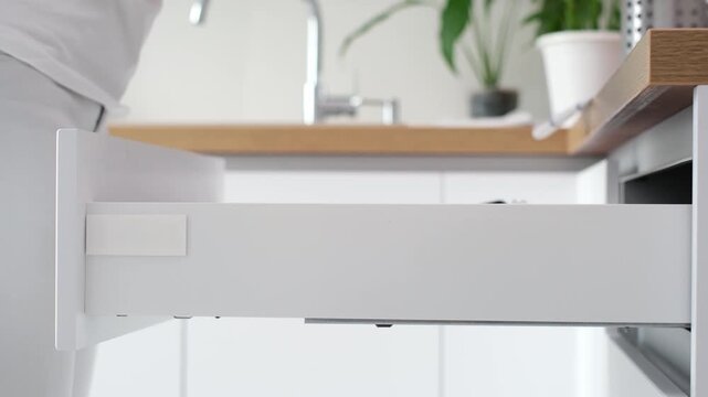 The kitchen drawer opens to reveal a neatly arranged collection of cutlery being retrieved, highlighting the organized interior and the functional design of the kitchen space,enhancing user experience