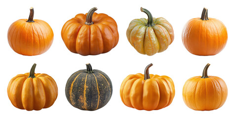 PNG Variety of colorful autumn pumpkins, element set on transparent background