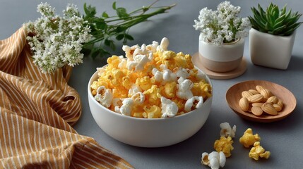 Popcorn Feast: A delicious bowl of fluffy popcorn, in both classic white and a golden-yellow variety, sits ready to be devoured amidst a stylish arrangement of snacks and delicate floral accents.