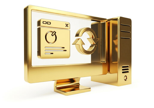 Luxurious golden computer system with digital interface and spinning disk symbol representing technology and success