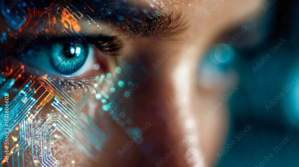 Poster close-up of human face blended with glowing circuit board patterns, symbolizing ai integration and d
