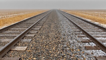 Naklejka premium Railroad tracks extending into a vast, hazy landscape.