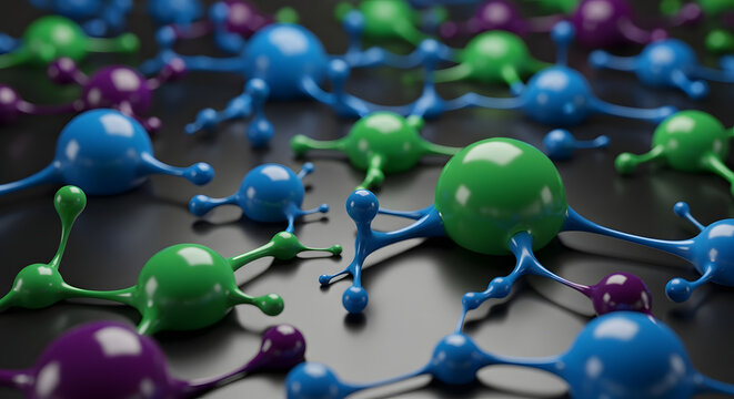 Abstract 3D render of interconnected molecules in blue, green, and purple. - Powered by Adobe