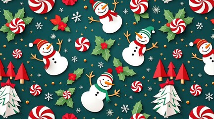 Charming christmas pattern featuring cute snowmen, peppermint candies, and festive trees on a teal background