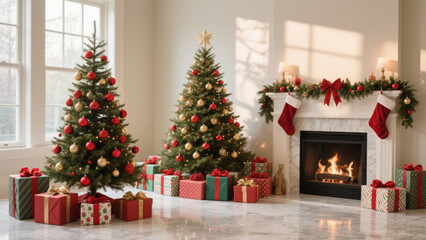 A festive Christmas setting featuring a beautifully decorated tree adorned with red and gold ornaments, standing next to a traditional fireplace. Christmas, Christmas Tree, Merry Christmas