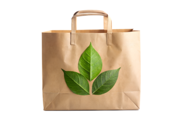 Brown paper bag with green leaves isolated on transparent background, representing ecofriendly shopping and sustainable practices with copy space