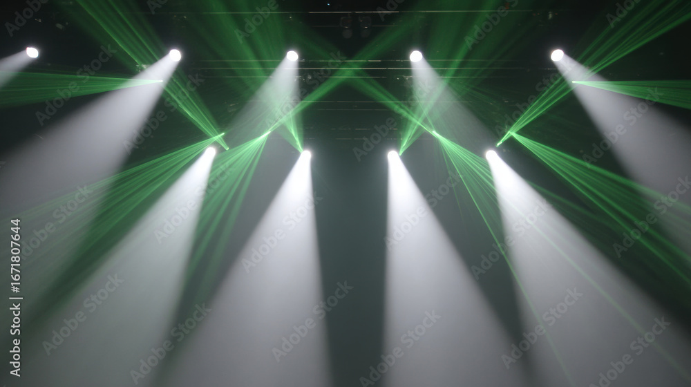 Aufkleber laser lights create geometric patterns in dark space, illuminating atmosphere with vibrant green bea
