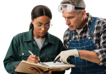 African-American female engineer with glasses marking diagram. Caucasian male supervisor pointing. transparent studio background, collaborative technical analysis concept.