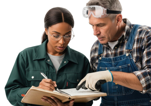 African-American female engineer with glasses marking diagram. Caucasian male supervisor pointing. transparent studio background, collaborative technical analysis concept.