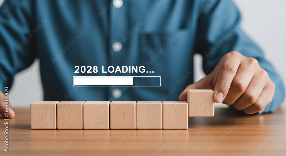 Poster anticipating the future a visual representation of the year loading with wooden blocks progress