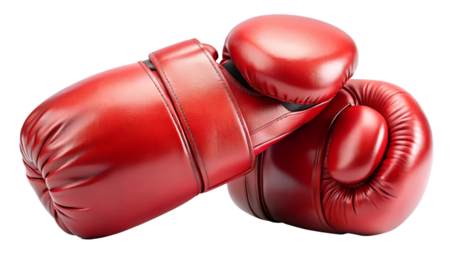 Pair of red leather boxing gloves isolated on transparent background, essential equipment for sport, fight, and martial art training - Powered by Adobe