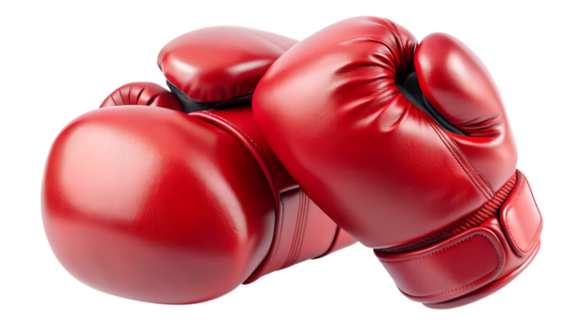 Pair of red leather boxing gloves isolated on transparent background, essential equipment for sport, fight, and martial art training