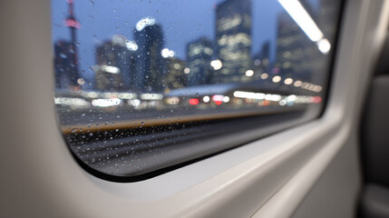 Rainy cityscape viewed through train window, showcasing blurred city lights and reflections on glass. scene evokes sense of travel and urban exploration